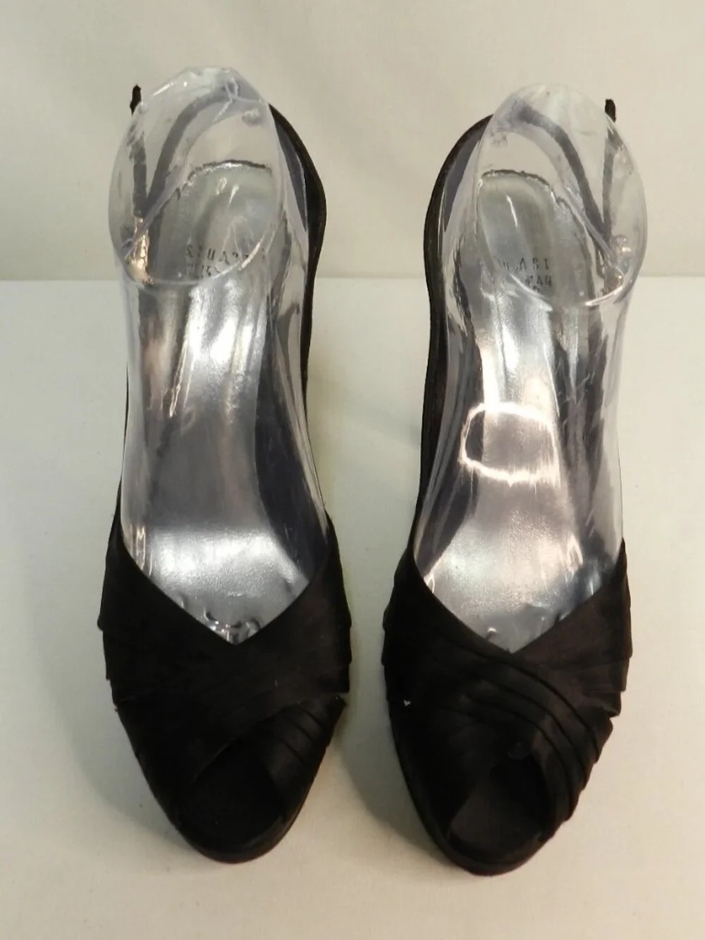 Stuart Weitzman Satin Leather Crystal Buckle black slingback peep toe heels 9.5